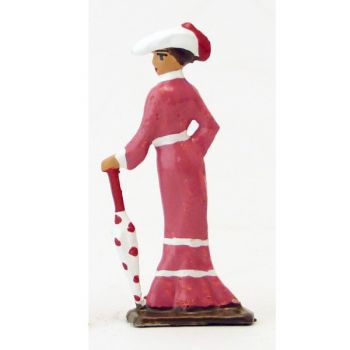 femme Belle-Epoque avec ombrelle fermée, robe rose (demi-ronde bosse)