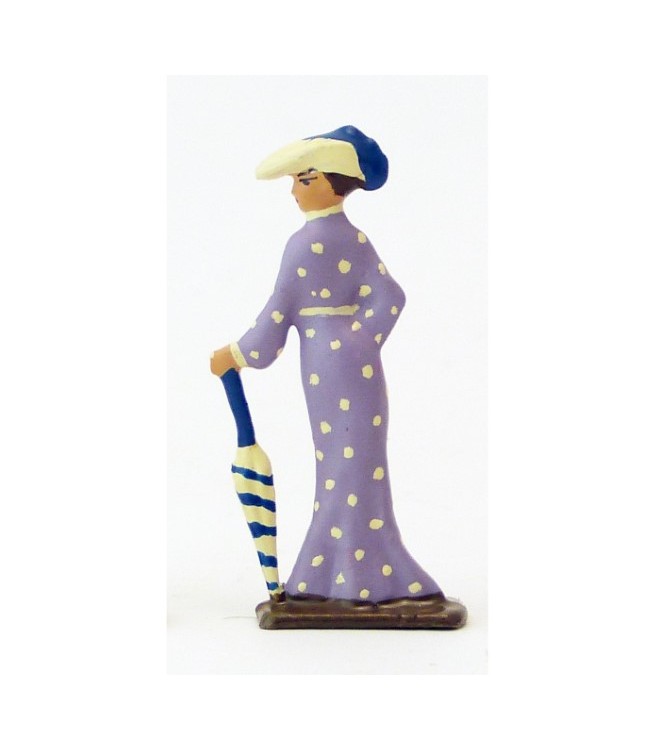 femme Belle-Epoque avec ombrelle fermée, robe mauve (demi-ronde bosse)