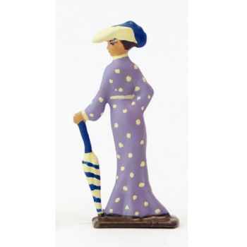 femme Belle-Epoque avec ombrelle fermée, robe mauve (demi-ronde bosse)