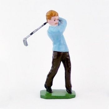 Golfeur blond, pull bleu ciel, en fin de swing - Golfeurs (S.E.A)