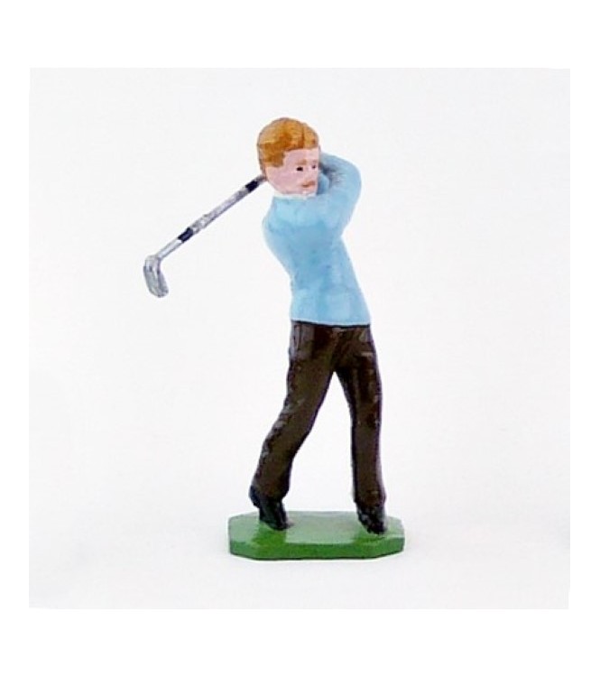 Golfeur blond, pull bleu ciel, en fin de swing - Golfeurs (S.E.A)