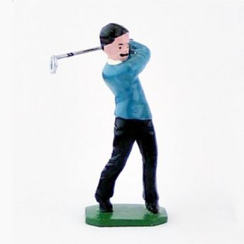 Golfeur brun, pull bleu ciel, en fin de swing - Golfeurs (S.E.A)