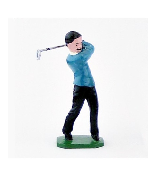 Golfeur brun, pull bleu ciel, en fin de swing - Golfeurs (S.E.A)