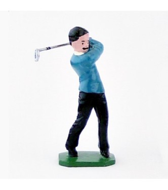 Golfeur brun, pull bleu ciel, en fin de swing - Golfeurs (S.E.A)