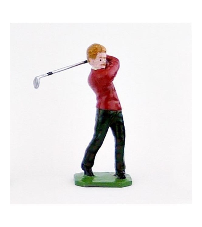 Golfeur blond, pull rouge, en fin de swing - Golfeurs (S.E.A)
