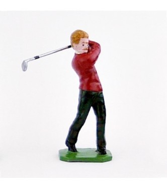 Golfeur blond, pull rouge, en fin de swing - Golfeurs (S.E.A)