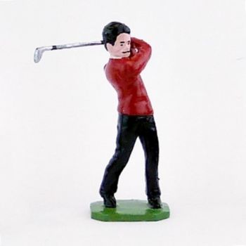 Golfeur brun, pull rouge, en fin de swing - Golfeurs (S.E.A)