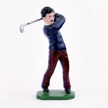 Golfeur, pull bleu foncé, en fin de swing - Golfeurs (S.E.A)