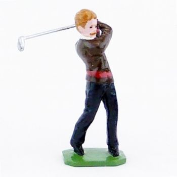 Golfeur, pull marron, en fin de swing - Golfeurs (S.E.A)