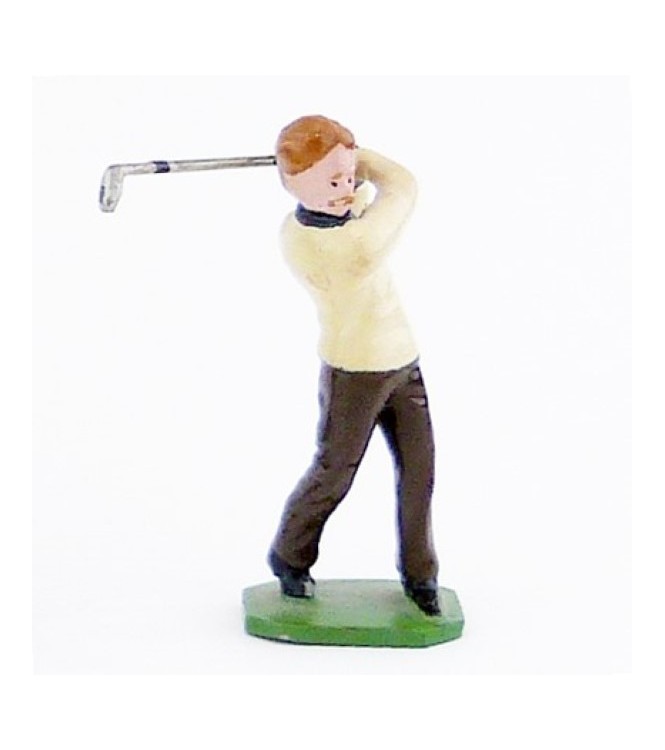 Golfeur, pull beige, en fin de swing - Golfeurs (S.E.A)