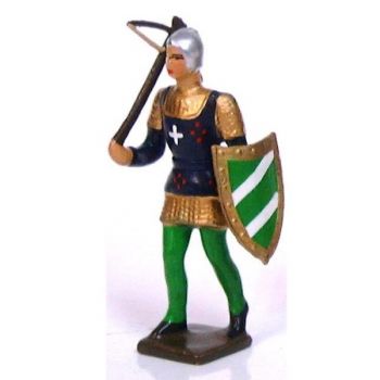 archer avec arbalète, tunique bleue sur cotte or, bouclier vert et blanc