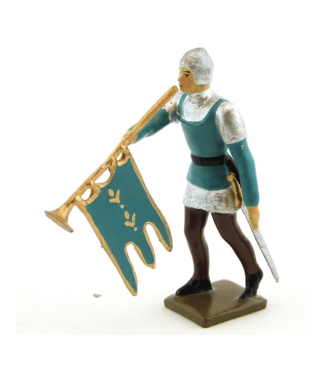 trompette des archers, casque et cotte argent, tunique bleue
