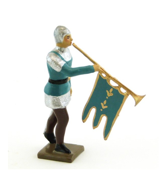 trompette des archers, casque et cotte argent, tunique bleue