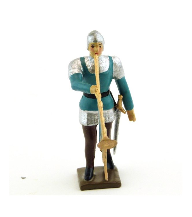 trompette des archers, casque et cotte argent, tunique bleue