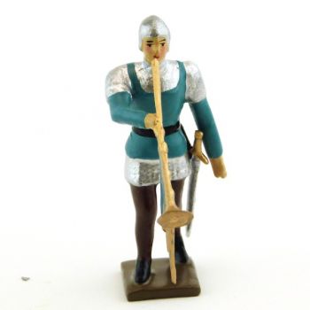 trompette des archers, casque et cotte argent, tunique bleue