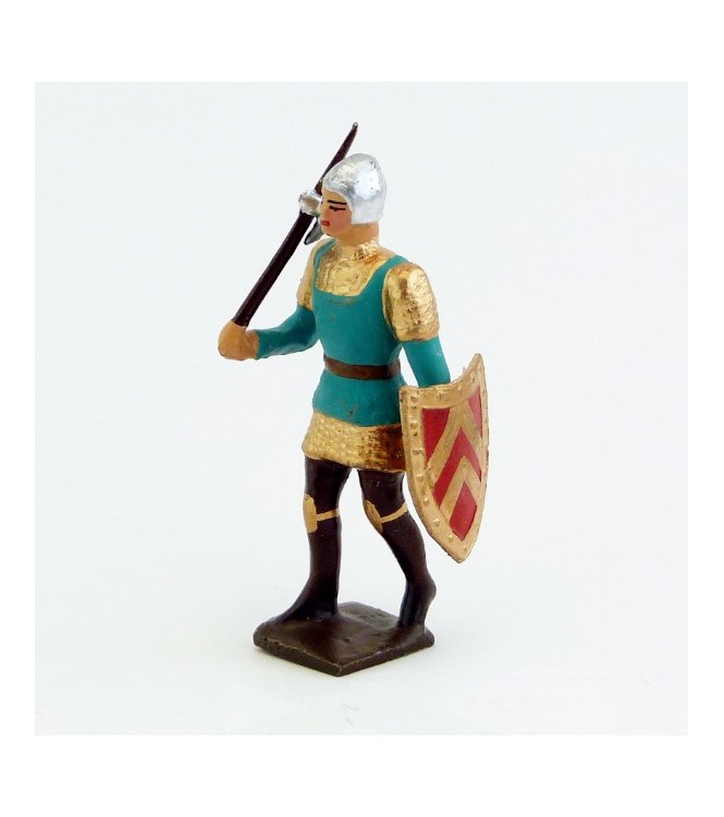 archer avec hache, tunique vert italien et bouclier rouge et or