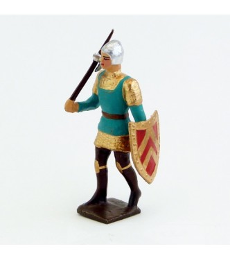 archer avec hache, tunique vert italien et bouclier rouge et or