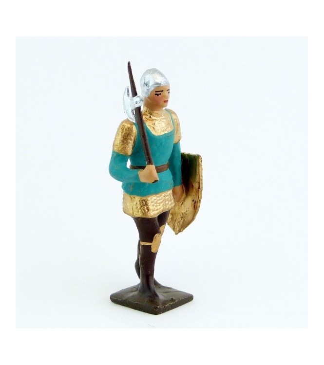 archer avec hache, tunique vert italien et bouclier rouge et or