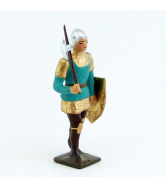 archer avec hache, tunique vert italien et bouclier rouge et or