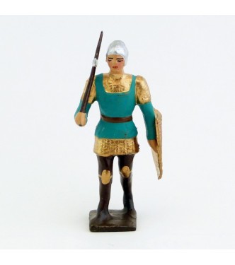 archer avec hache, tunique vert italien et bouclier rouge et or