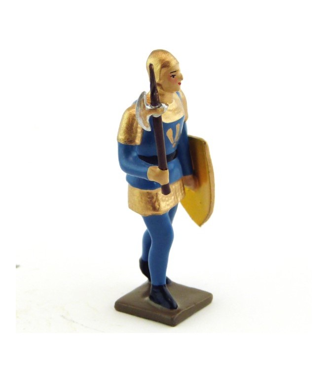 archer avec hache, tunique bleue sur cotte or, bouclier jaune et bleu