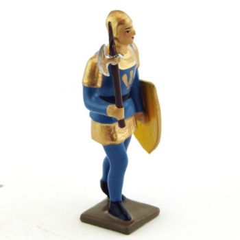 archer avec hache, tunique bleue sur cotte or, bouclier jaune et bleu