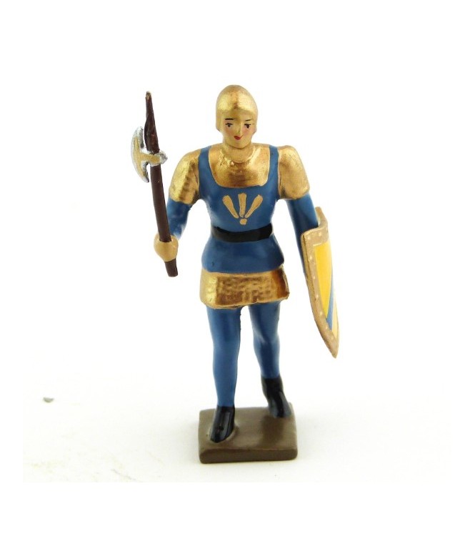 archer avec hache, tunique bleue sur cotte or, bouclier jaune et bleu