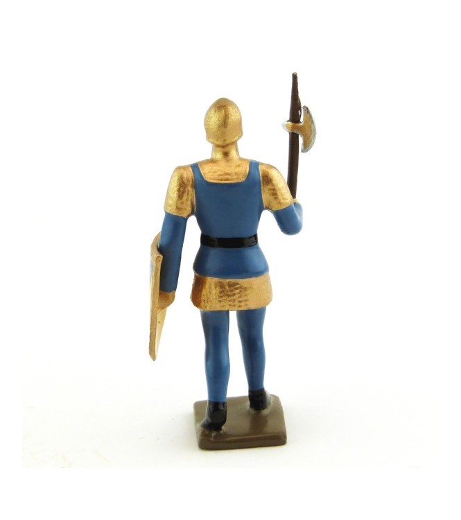 archer avec hache, tunique bleue sur cotte or, bouclier jaune et bleu