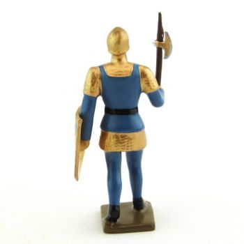 archer avec hache, tunique bleue sur cotte or, bouclier jaune et bleu