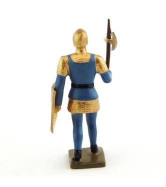 archer avec hache, tunique bleue sur cotte or, bouclier jaune et bleu