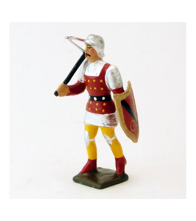archer avec arbalète, tunique rouge à pois sur cotte agent, bouclier rouge et no