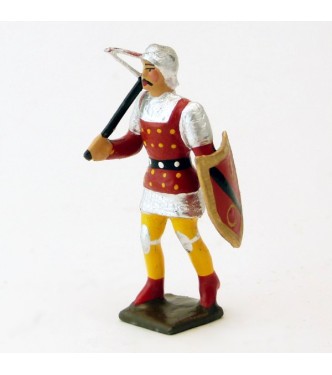 archer avec arbalète, tunique rouge à pois sur cotte agent, bouclier rouge et no