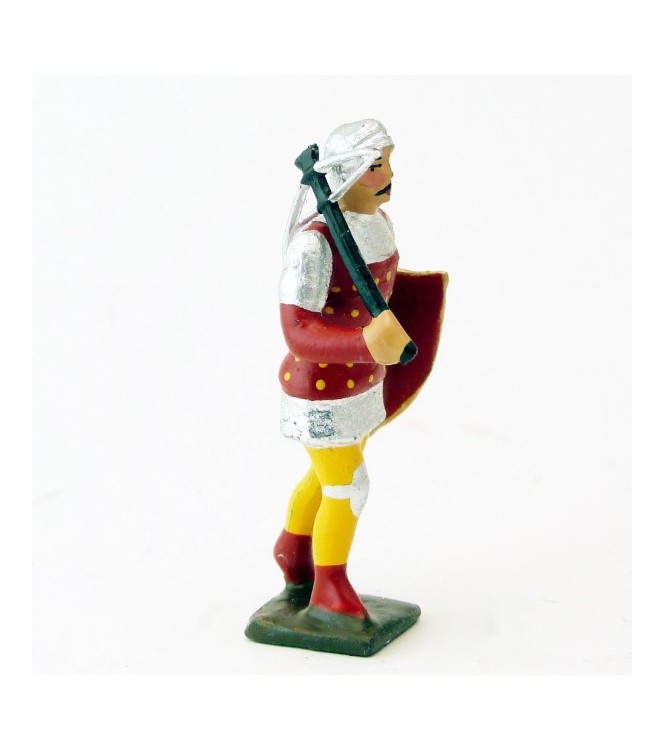 archer avec arbalète, tunique rouge à pois sur cotte agent, bouclier rouge et no