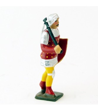 archer avec arbalète, tunique rouge à pois sur cotte agent, bouclier rouge et no