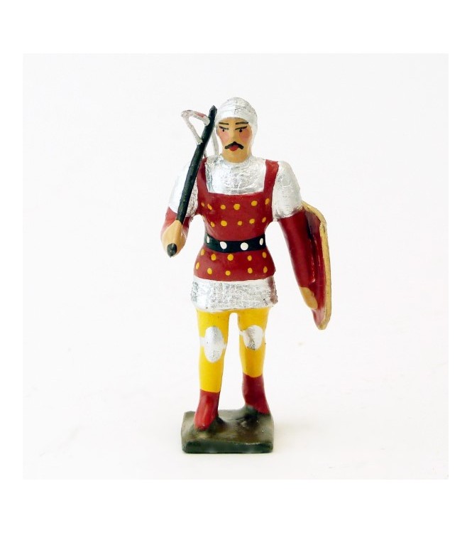 archer avec arbalète, tunique rouge à pois sur cotte agent, bouclier rouge et no