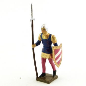 archer avec hallebarde, tunique bleue sur cotte or, bouclier rose et blanc