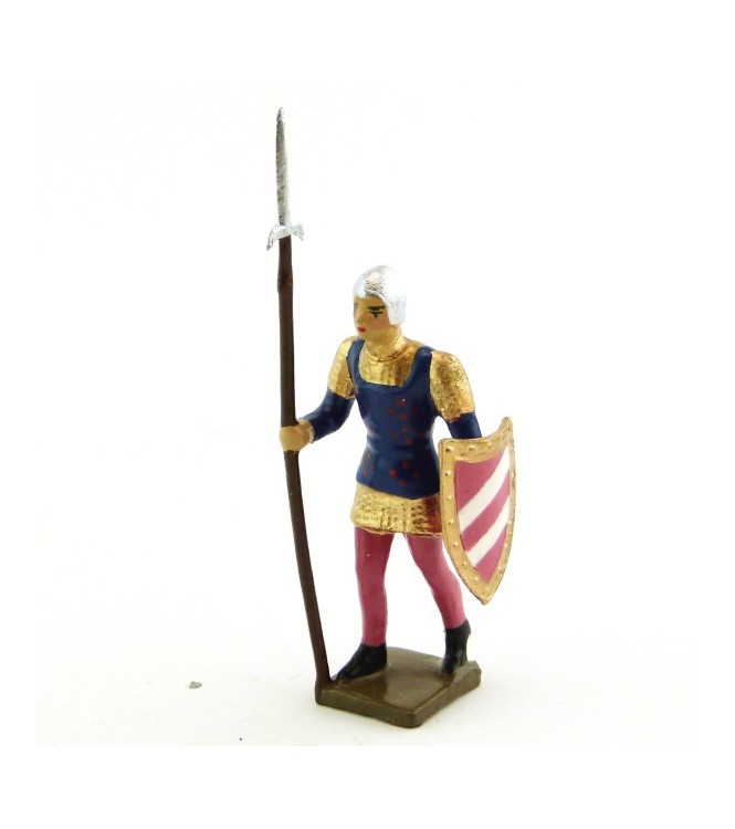 archer avec hallebarde, tunique bleue sur cotte or, bouclier rose et blanc