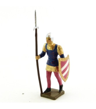 archer avec hallebarde, tunique bleue sur cotte or, bouclier rose et blanc