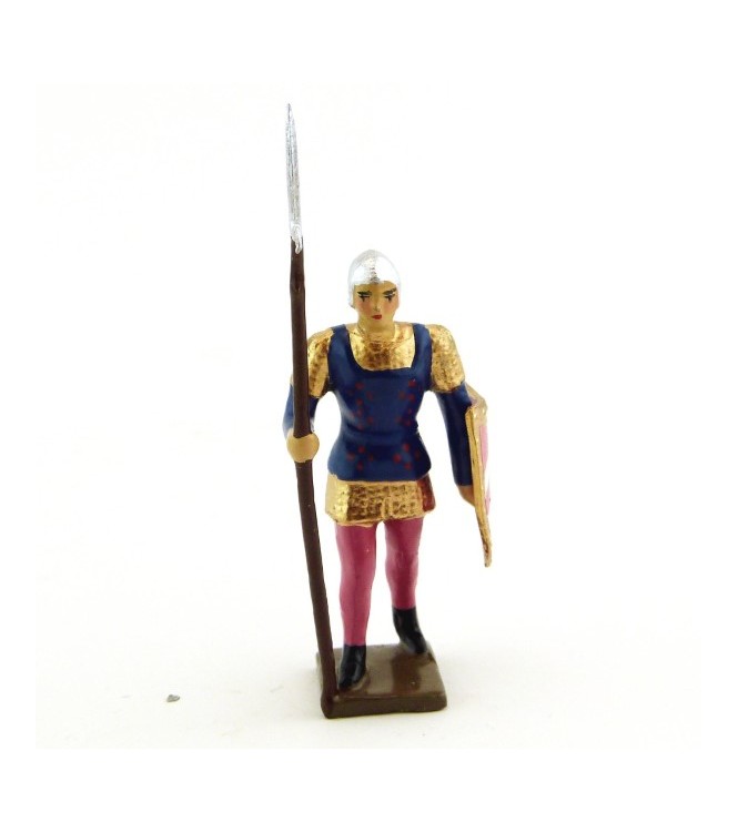 archer avec hallebarde, tunique bleue sur cotte or, bouclier rose et blanc