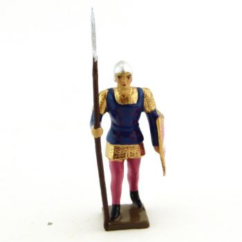 archer avec hallebarde, tunique bleue sur cotte or, bouclier rose et blanc