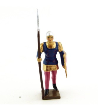 archer avec hallebarde, tunique bleue sur cotte or, bouclier rose et blanc