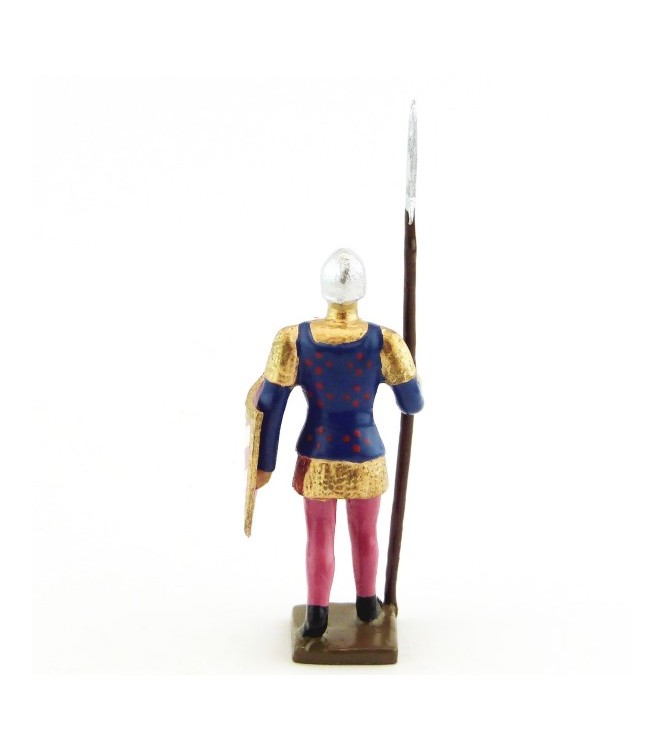 archer avec hallebarde, tunique bleue sur cotte or, bouclier rose et blanc
