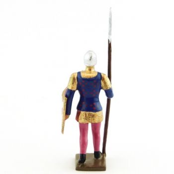 archer avec hallebarde, tunique bleue sur cotte or, bouclier rose et blanc