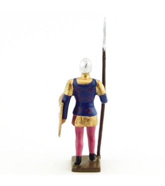 archer avec hallebarde, tunique bleue sur cotte or, bouclier rose et blanc