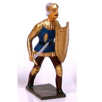 archer avec épée et bouclier, tunique bleue sur cotte or