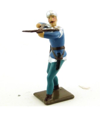 archer tirant à l'arbalète, tunique bleue sur cotte argent
