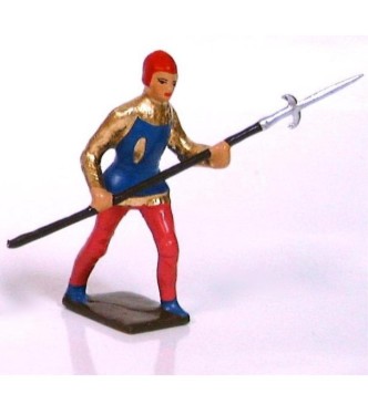 archer avec lance dans les mains, tunique bleue sur cotte or