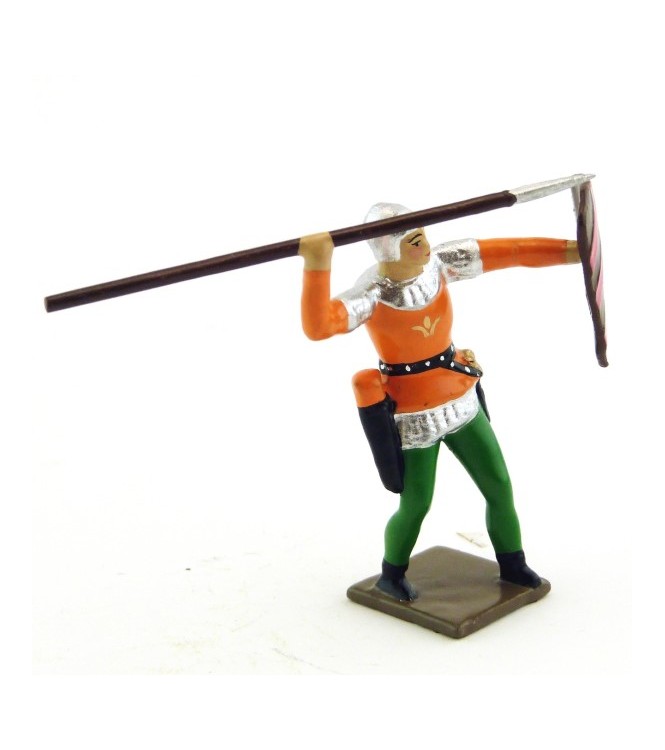archer projetant sa lance, tunique orange sur cotte argent