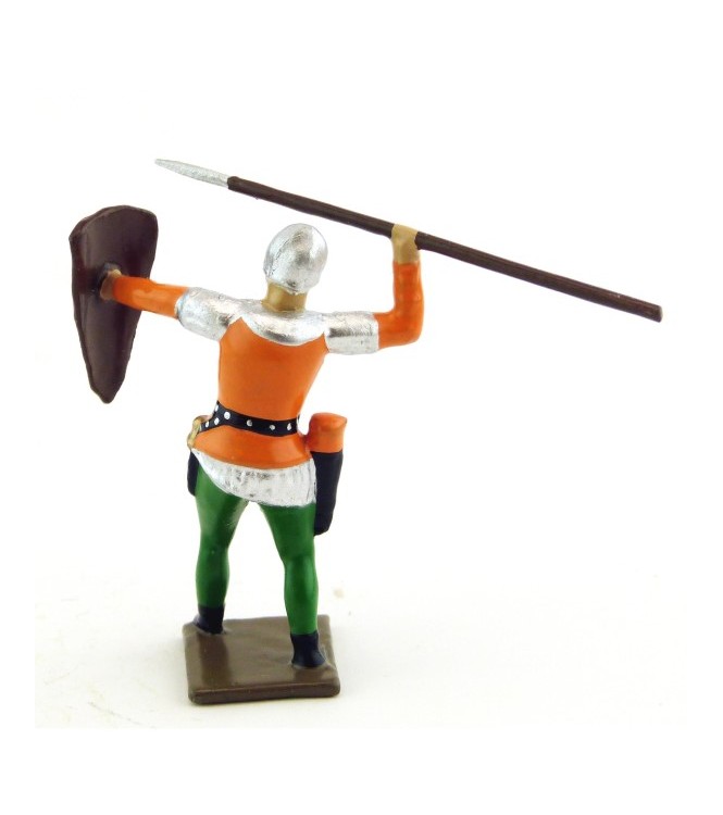 archer projetant sa lance, tunique orange sur cotte argent