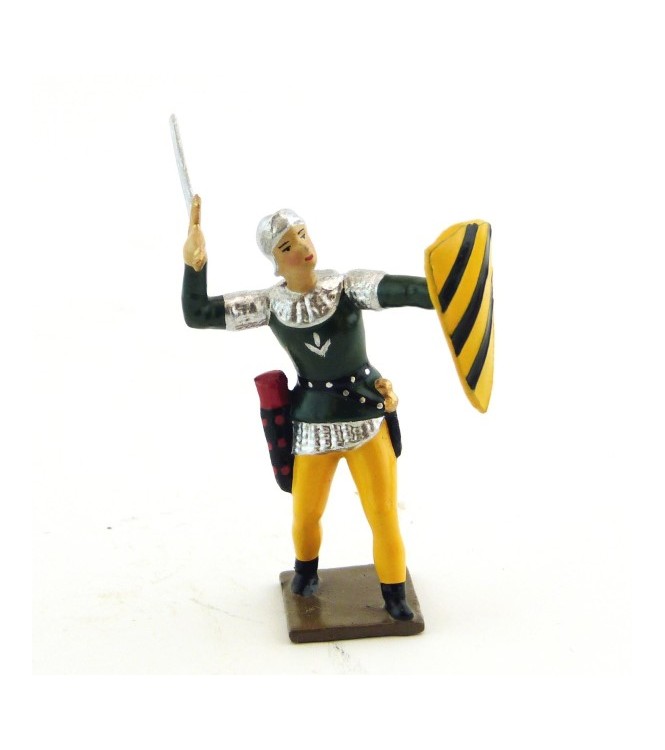 archer combattant à l'épée, tunique verte sur cotte argent, bouclier jaune et no